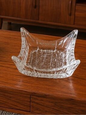 Vintage Iittala Square Glass Bowl With Ice Textured Base.